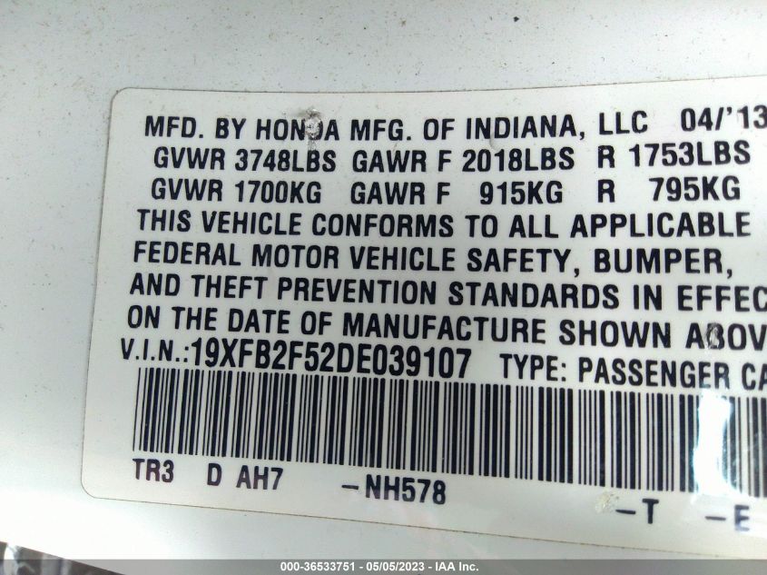 2013 HONDA CIVIC SDN LX - 19XFB2F52DE039107