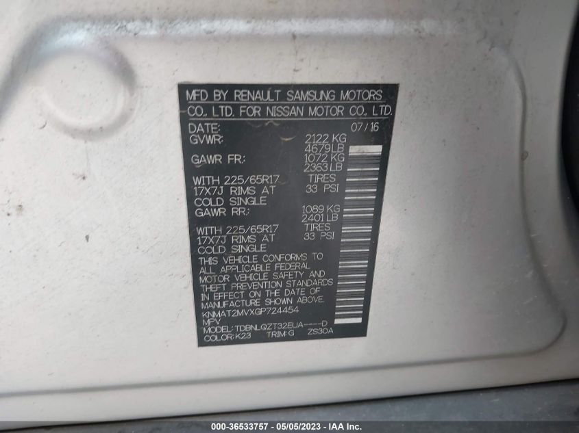 2016 NISSAN ROGUE SV - KNMAT2MVXGP724454