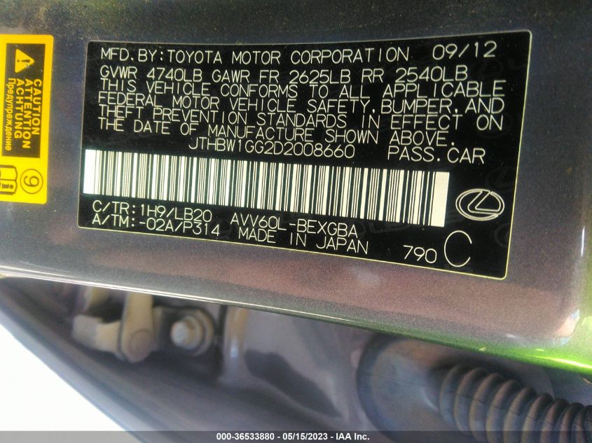 2013 LEXUS ES 300H HYBRID JTHBW1GG2D2008660