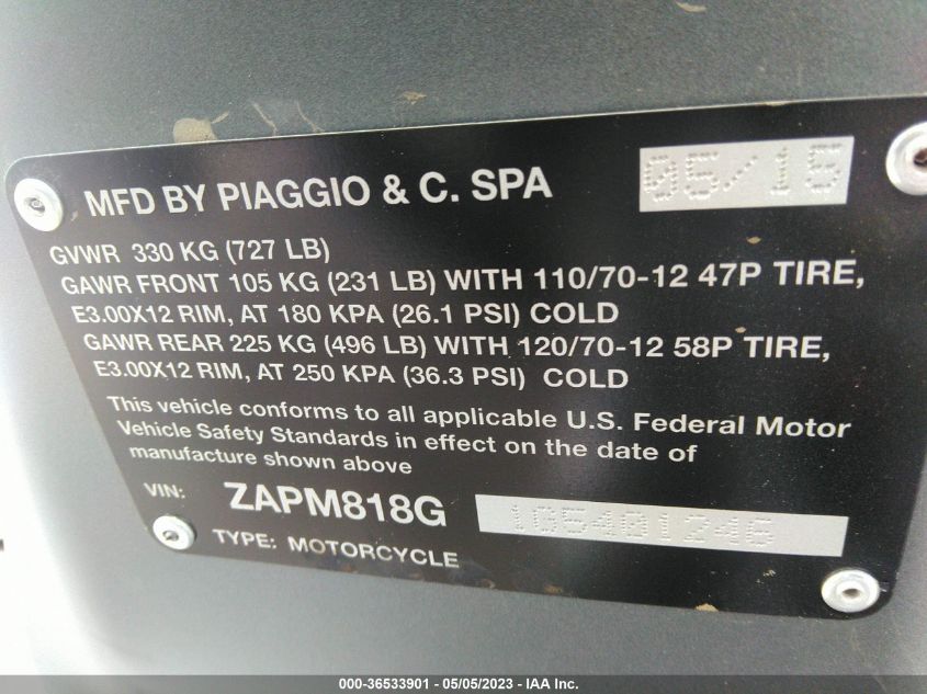 2016 VESPA SPRINT 150 3V ZAPM818G1G5401246