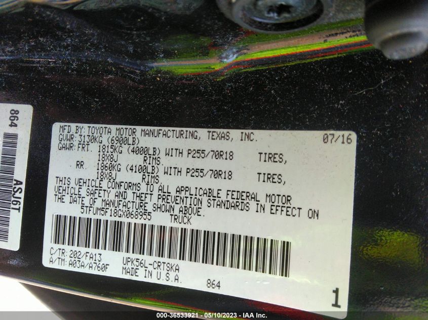 2016 TOYOTA TUNDRA 4WD TRUCK SR/SR5 - 5TFUM5F18GX068955