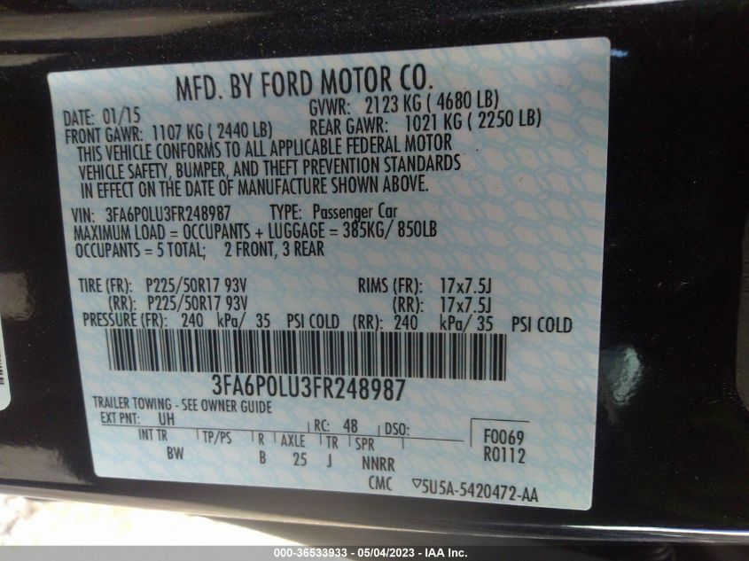 2015 FORD FUSION SE HYBRID - 3FA6P0LU3FR248987