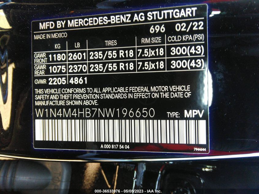 2022 MERCEDES-BENZ GLB GLB 250 W1N4M4HB7NW196650