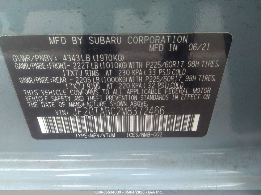 2021 SUBARU CROSSTREK - JF2GTABC2M8372466
