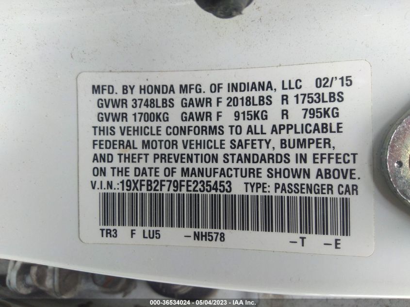 2015 HONDA CIVIC SEDAN SE - 19XFB2F79FE235453