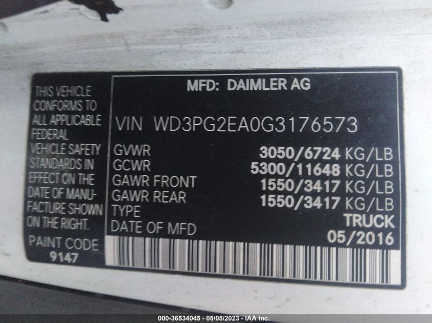 2016 MERCEDES-BENZ METRIS CARGO VAN WD3PG2EA0G3176573