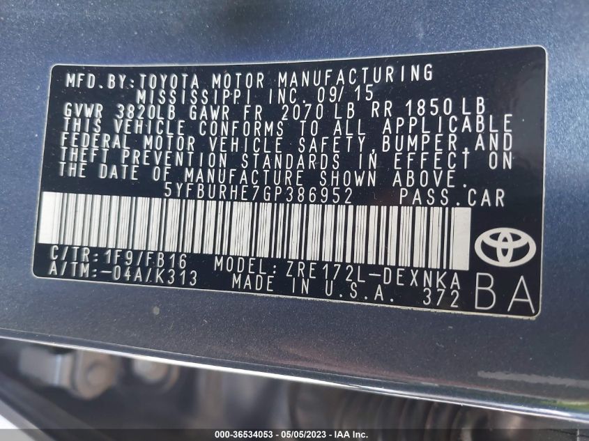 2016 TOYOTA COROLLA L/LE/S/S PLUS/LE PLUS - 5YFBURHE7GP386952