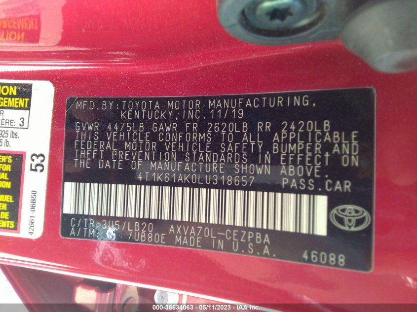 2020 TOYOTA CAMRY XSE - 4T1K61AK0LU318657
