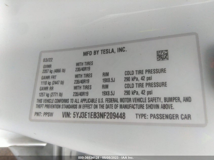 VIN 5YJ3E1EB3NF209448 2022 TESLA MODEL 3 LONG RANGE