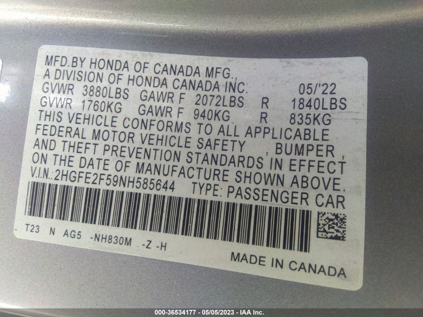 2022 HONDA CIVIC SEDAN SPORT - 2HGFE2F59NH585644
