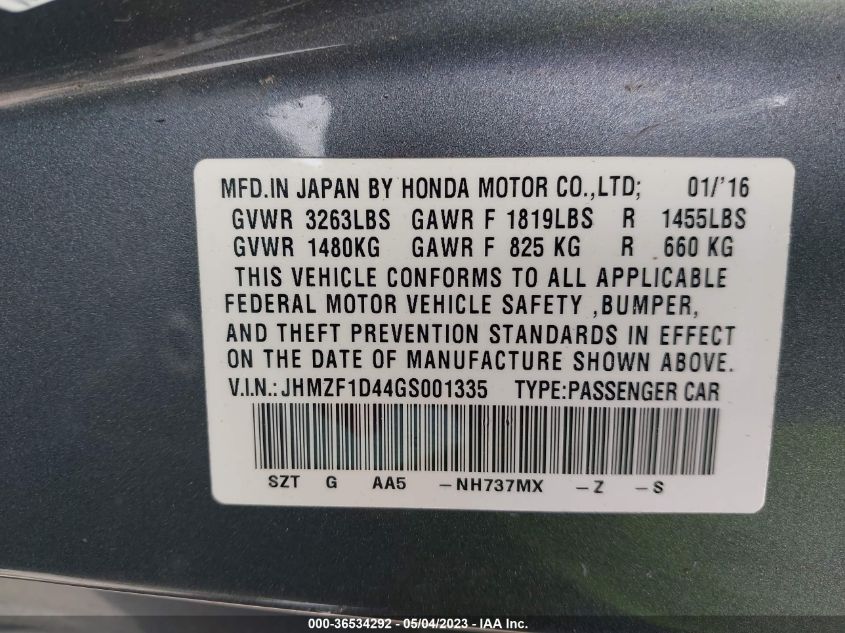 2016 HONDA CR-Z LX JHMZF1D44GS001335