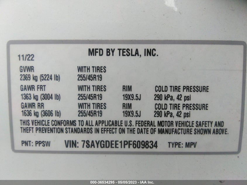 VIN 7SAYGDEE1PF609834 2023 TESLA MODEL Y LONG RANGE