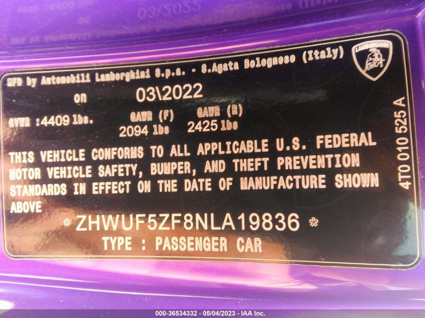 2022 LAMBORGHINI HURACAN EVO RWD ZHWUF5ZF8NLA19836