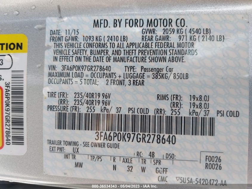 2016 FORD FUSION TITANIUM - 3FA6P0K97GR278640