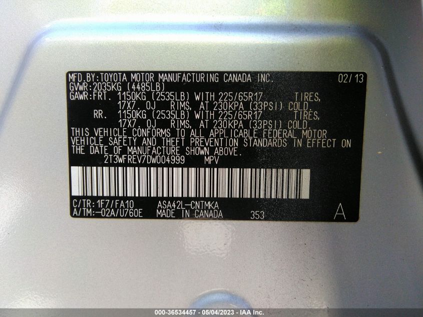 2013 TOYOTA RAV4 XLE - 2T3WFREV7DW004999