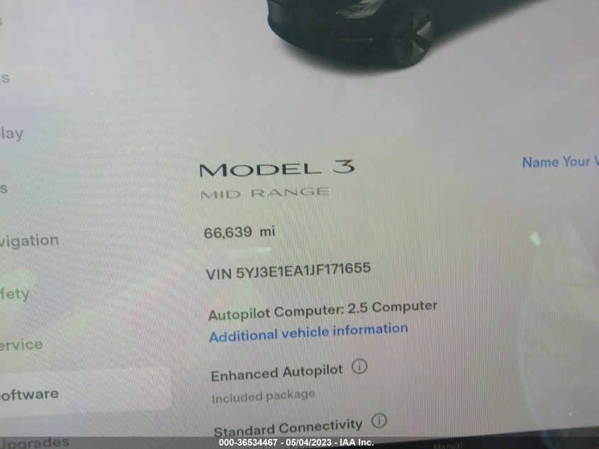 2018 TESLA MODEL 3 RANGE BATTERY - 5YJ3E1EA1JF171655