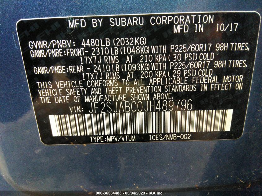 2018 SUBARU FORESTER - JF2SJABC0JH489796