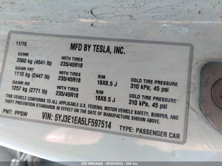 2020 TESLA MODEL 3 STANDARD RANGE - 5YJ3E1EA5LF597514