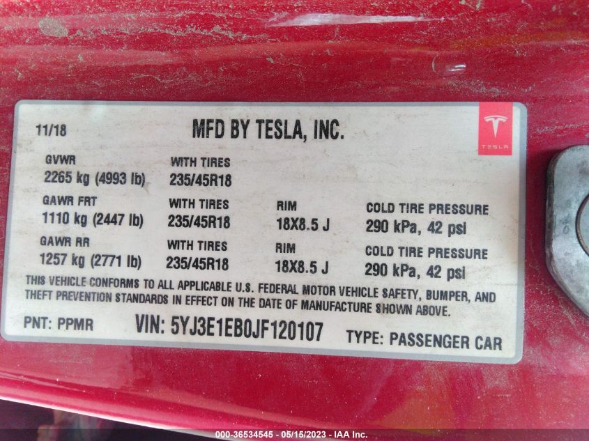 2018 TESLA MODEL 3 LONG RANGE - 5YJ3E1EB0JF120107