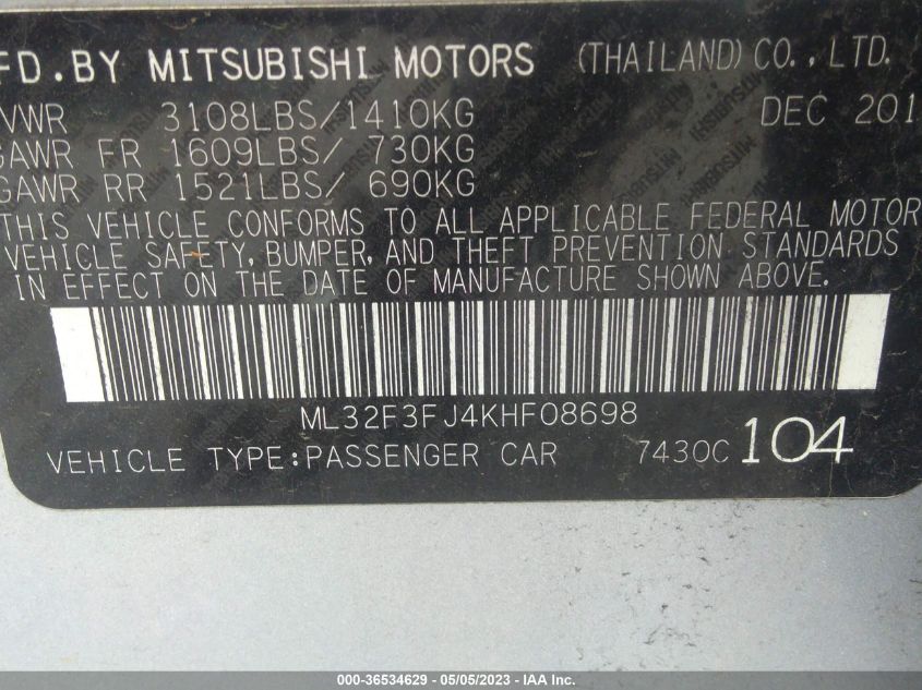 2019 MITSUBISHI MIRAGE G4 ES/RF - ML32F3FJ4KHF08698