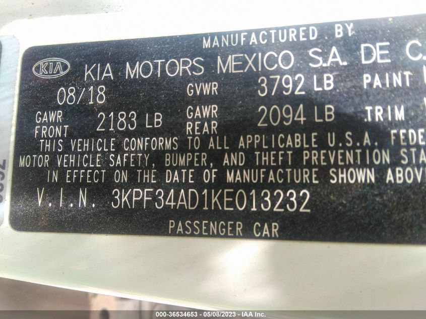 2019 KIA FORTE S - 3KPF34AD1KE013232