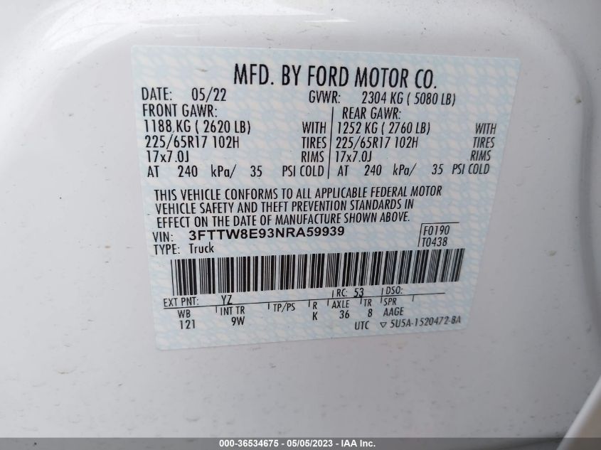 2022 FORD MAVERICK XL/XLT/LARIAT 3FTTW8E93NRA59939