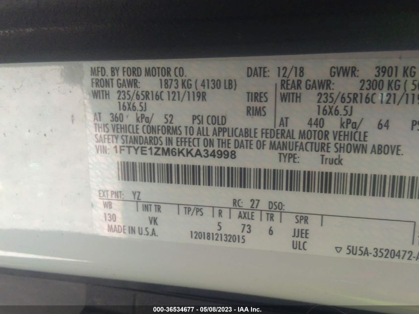 2019 FORD TRANSIT VAN - 1FTYE1ZM6KKA34998