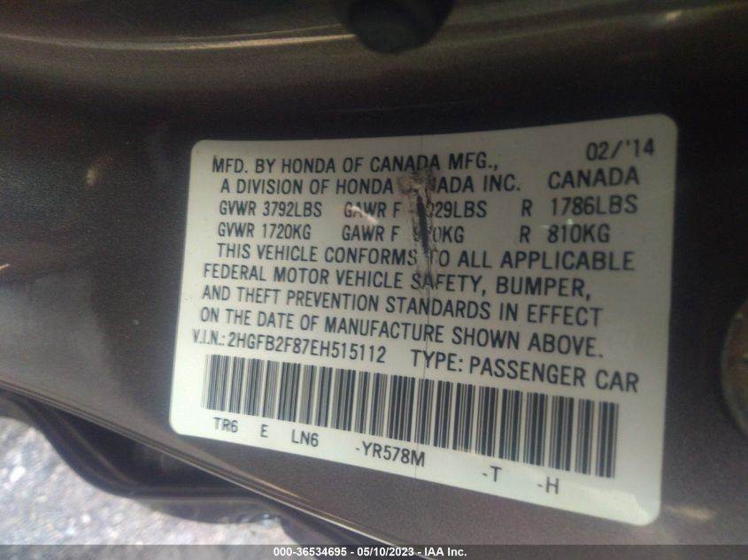 2014 HONDA CIVIC SEDAN EX - 2HGFB2F87EH515112