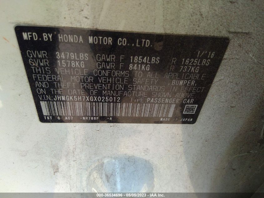 2016 HONDA FIT EX - JHMGK5H7XGX025012