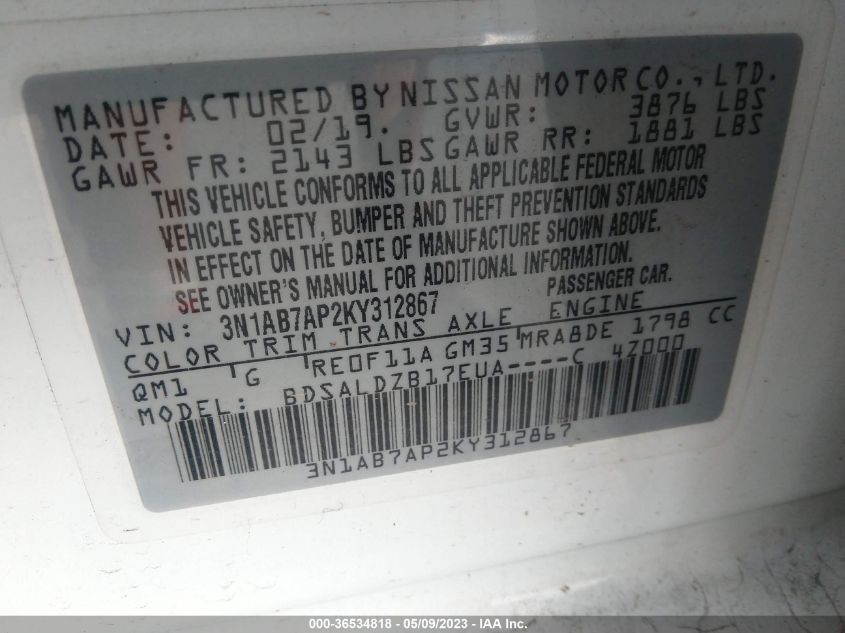 2019 NISSAN SENTRA SV - 3N1AB7AP2KY312867
