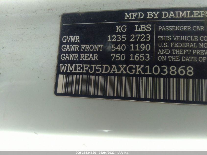 2016 SMART FORTWO PASSION/PURE/PRIME/PROXY WMEFJ5DAXGK103868