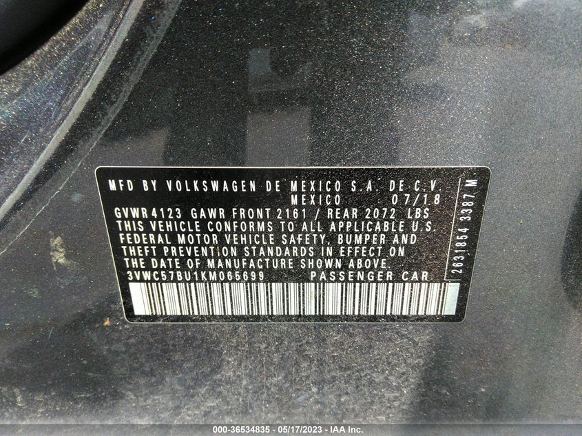 VIN 3VWC57BU1KM065699 2019 VOLKSWAGEN JETTA S/SE/R-LINE