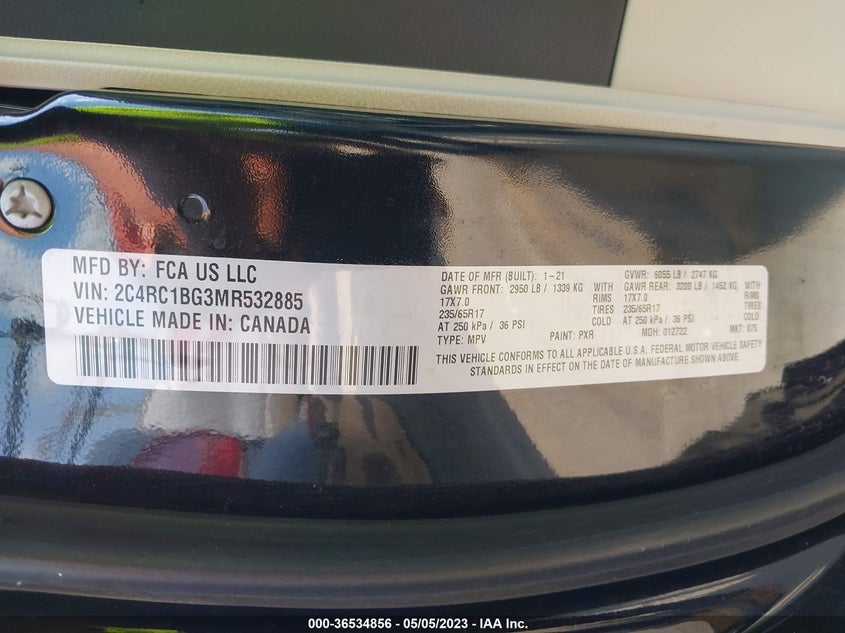 VIN 2C4RC1BG3MR532885 2021 CHRYSLER PACIFICA TOURING L