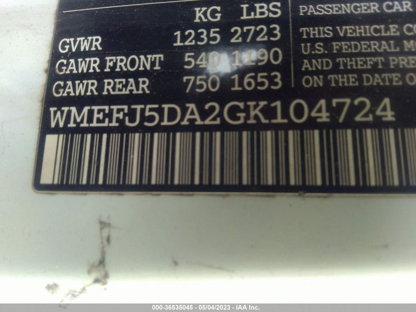 2016 SMART FORTWO PASSION/PURE/PRIME/PROXY - WMEFJ5DA2GK104724
