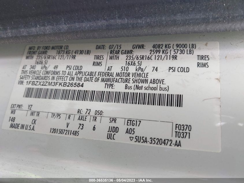 2015 FORD TRANSIT WAGON XL/XLT 1FBZX2ZM3FKB26584