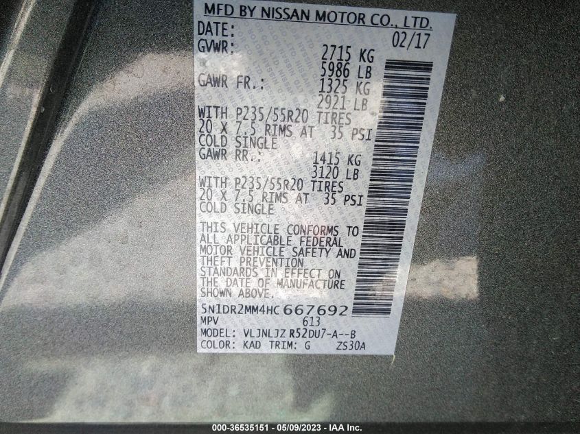 2017 NISSAN PATHFINDER PLATINUM - 5N1DR2MM4HC667692