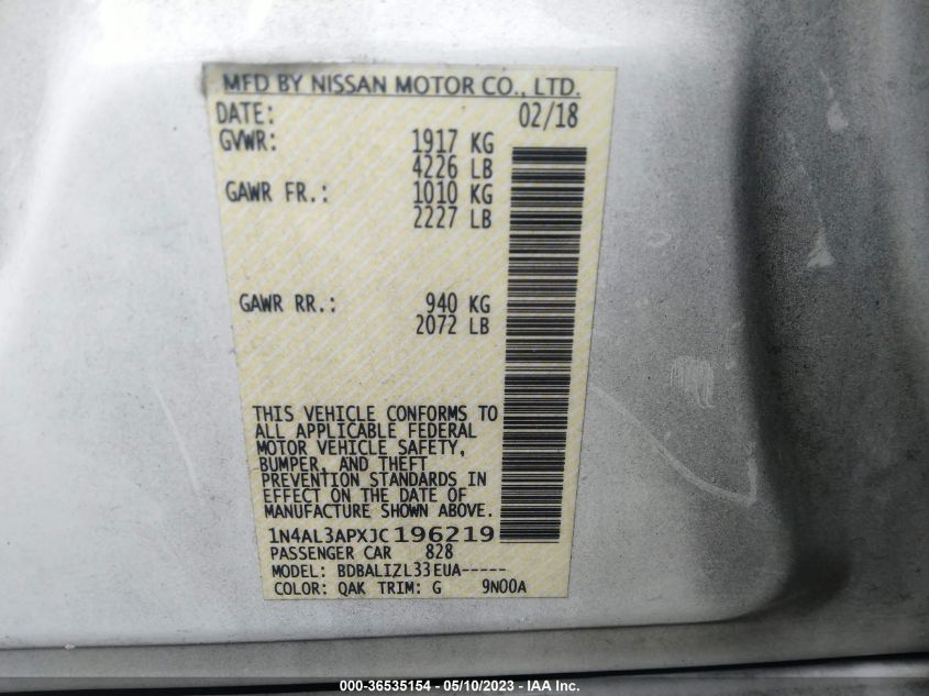 2018 NISSAN ALTIMA 2.5 SV - 1N4AL3APXJC196219