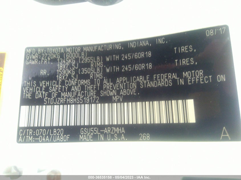 VIN 5TDJZRFH8HS519172 2017 TOYOTA HIGHLANDER XLE/SE