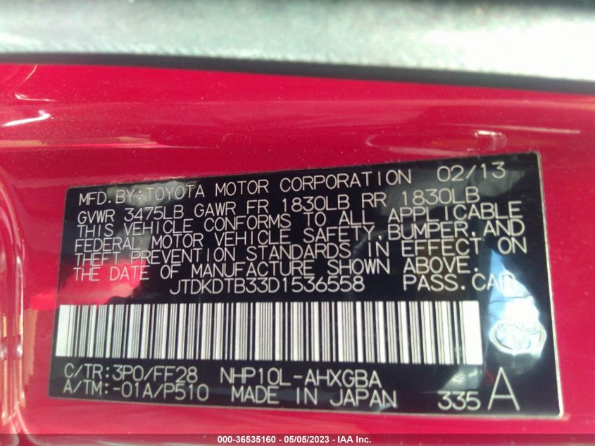 2013 TOYOTA PRIUS C ONE/TWO/THREE/FOUR - JTDKDTB33D1536558
