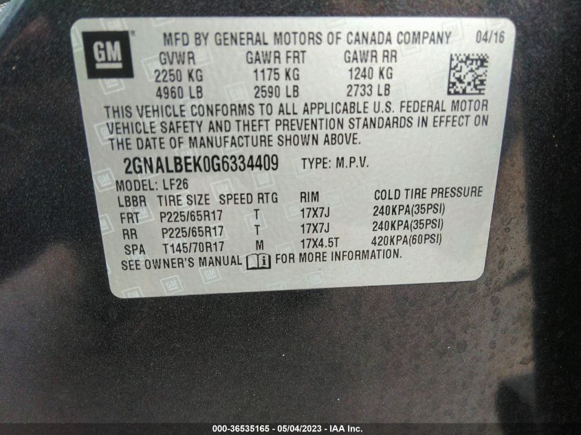 2016 CHEVROLET EQUINOX LS - 2GNALBEK0G6334409