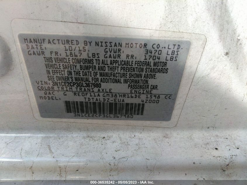 2016 NISSAN VERSA NOTE SV - 3N1CE2CP3GL367980