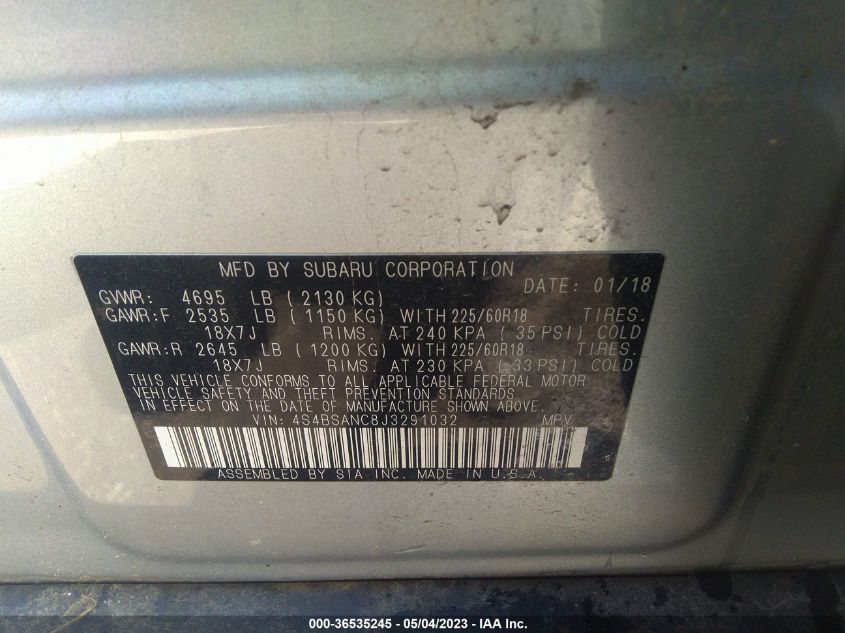 2018 SUBARU OUTBACK LIMITED - 4S4BSANC8J3291032