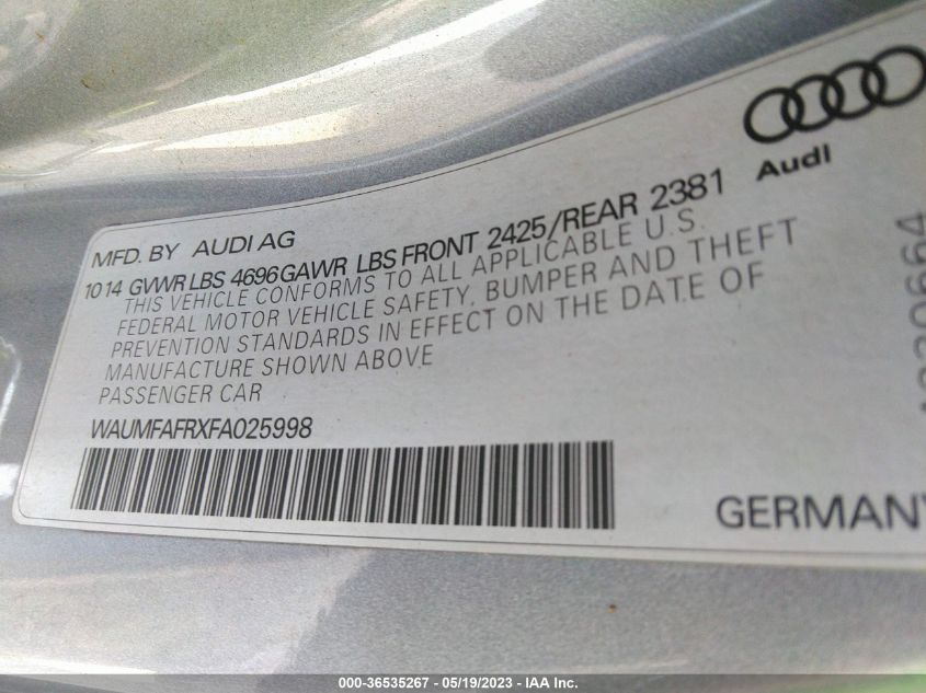 2015 AUDI A5 PREMIUM PLUS - WAUMFAFRXFA025998