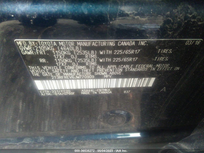 VIN 2T3RFREV6JW770909 2018 TOYOTA RAV4 XLE/ADVENTURE