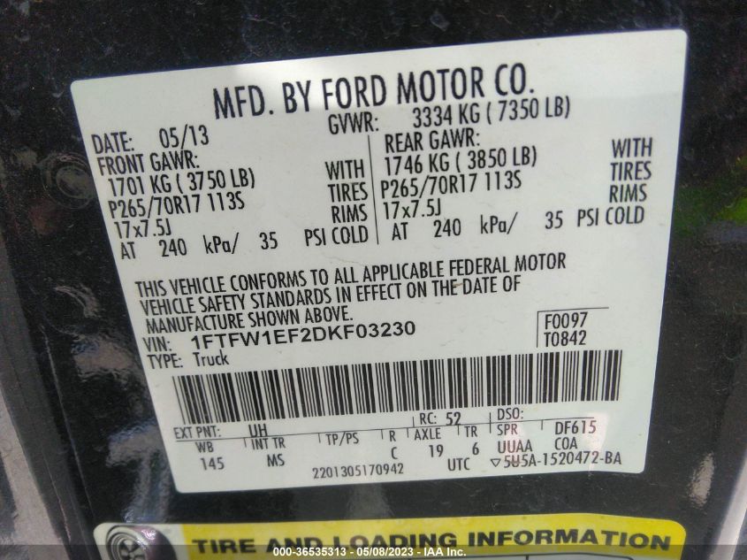 2013 FORD F-150 XL/XLT/FX4/LARIAT - 1FTFW1EF2DKF03230