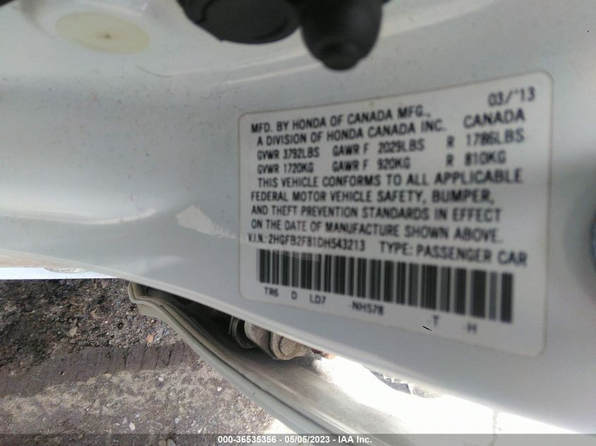 2013 HONDA CIVIC SDN EX - 2HGFB2F81DH543213