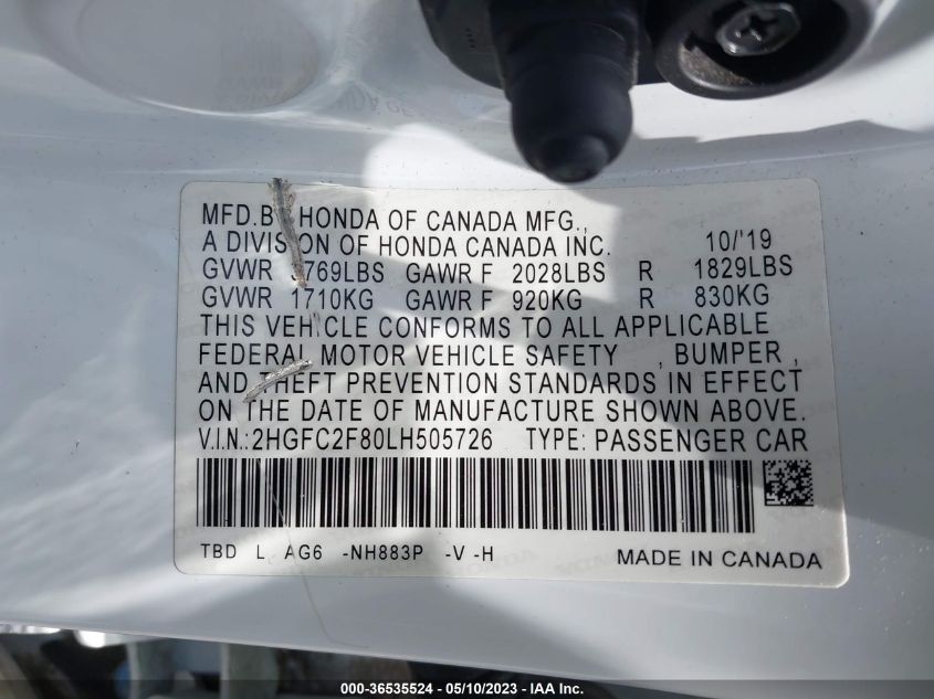 2020 HONDA CIVIC SEDAN SPORT - 2HGFC2F80LH505726