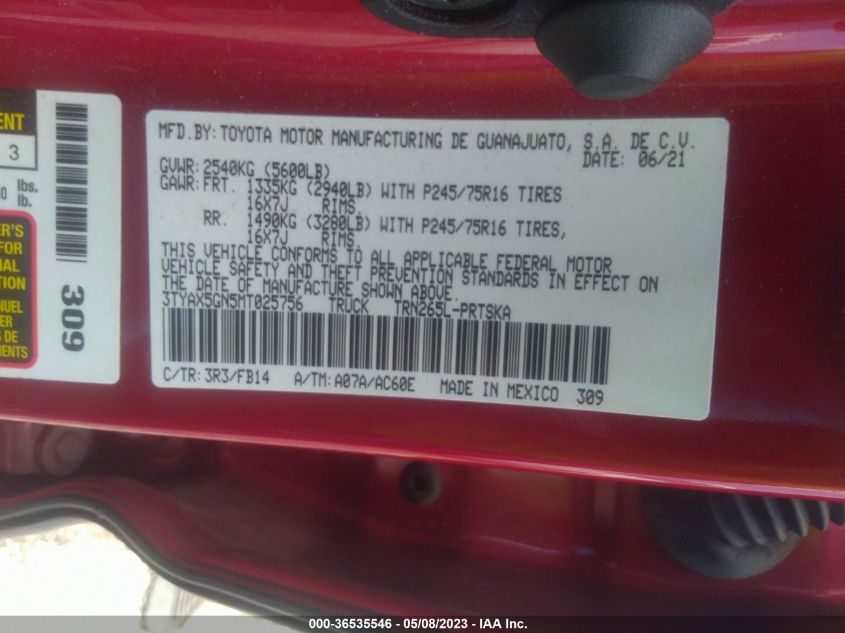 2021 TOYOTA TACOMA 2WD SR/SR5 - 3TYAX5GN5MT025756