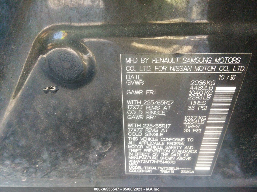VIN KNMAT2MT7HP514670 2017 NISSAN ROGUE SV
