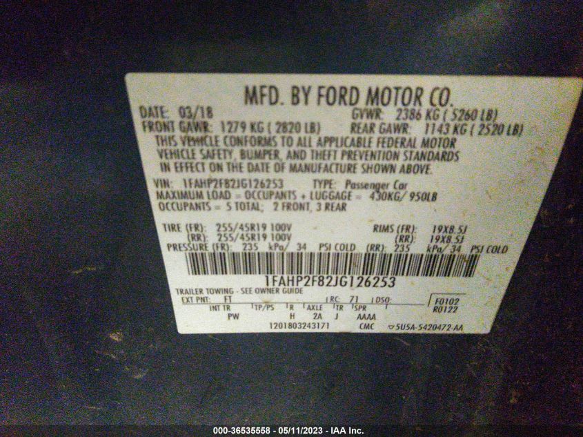 2018 FORD TAURUS LIMITED - 1FAHP2F82JG126253